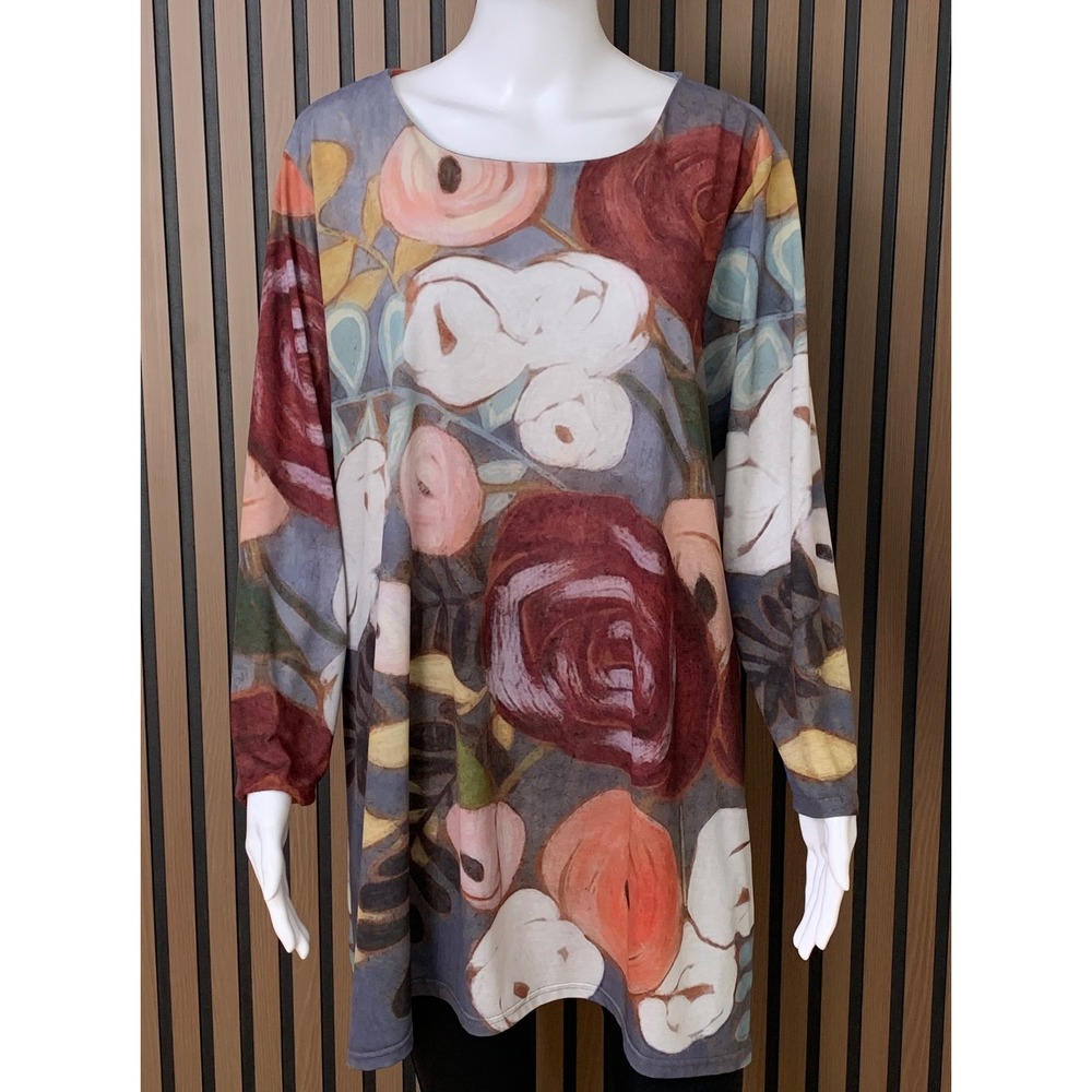Trisha Tyler Floral Tunic Top XL Long Sleeve Blue Burgundy Pink Scoop Neck Knit